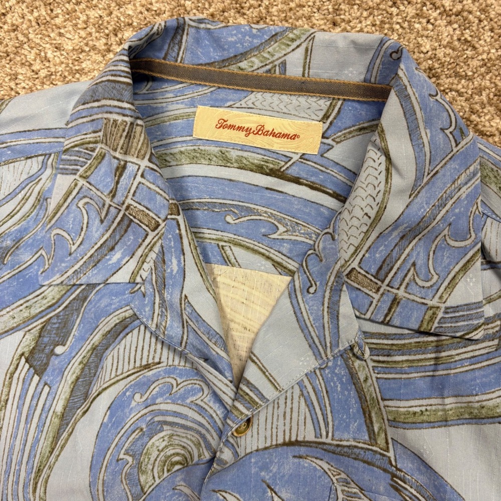 Vintage Tommy Bahama 100% Silk Abstract Wave Swirl Camp Shirt Men's Medium Blue